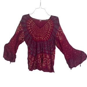 Womens Vintage India Boho‎ Tunic Top Long Sleeve Rayon Mandala Burgundy XS/SM